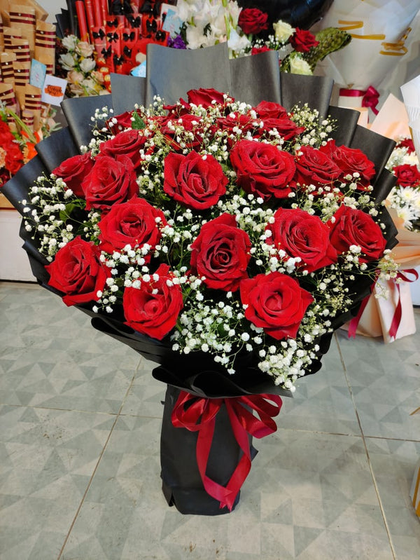 Red Roses with Baby's Breath