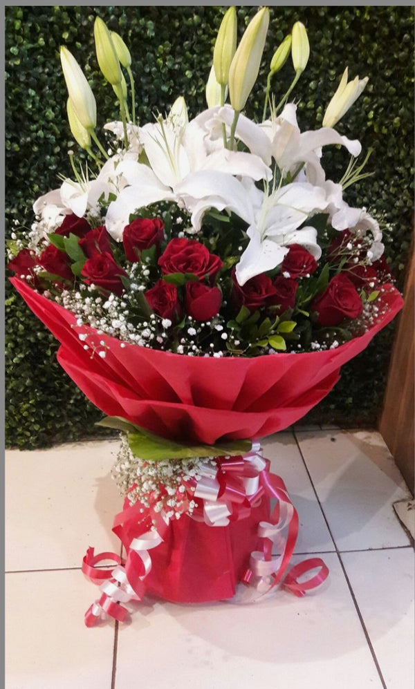 White Lilies with Red Roses Bouquet