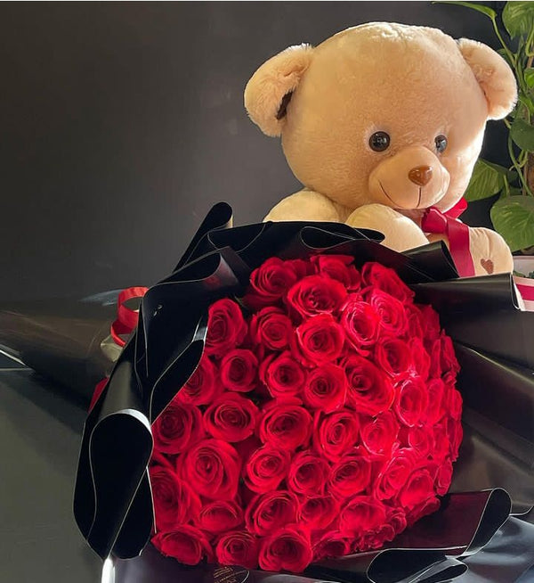 Red Roses Bouquet with Teddy