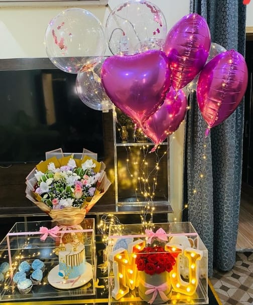 Celebration Combo with Flowers, Cake & Balloons
