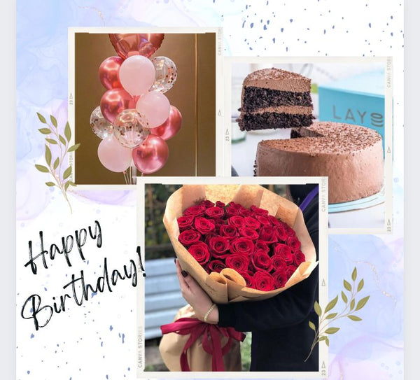 Roses Bouquet with Balloons & Cake