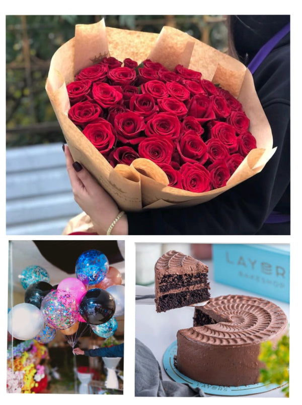 50 Roses Bouquet  Balloons bunch  And layers cake 